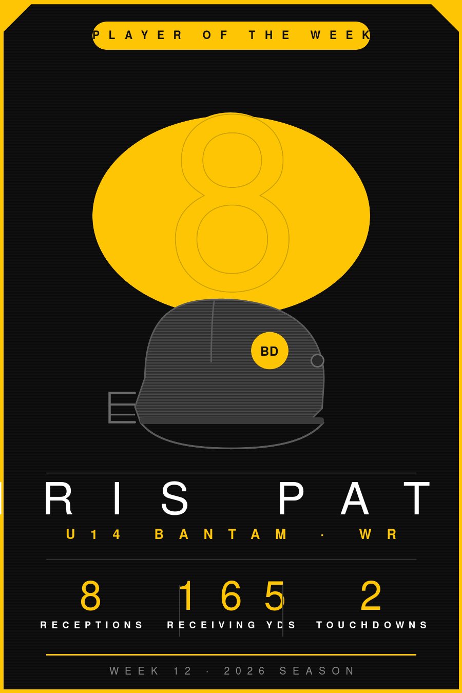 Player of the Week: Chris Patel, #82, U14 Bantam WR — 8 receptions, 165 receiving yards, 2 touchdowns